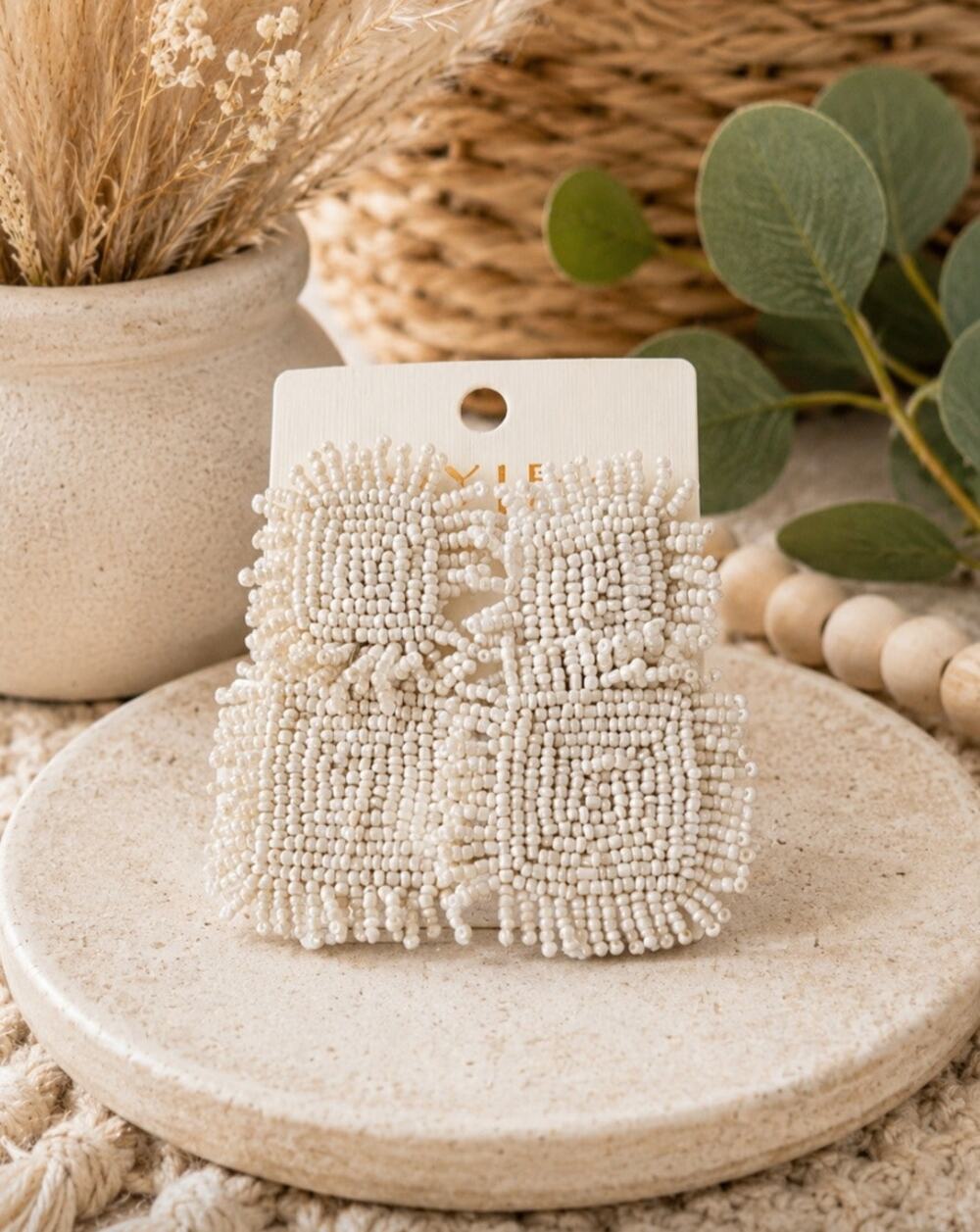 Kay Lee Off White Beaded Square Cut Earrings New